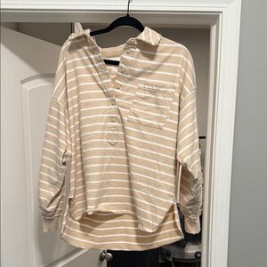 Aerie Beige and White Striped V-Neck Sweater